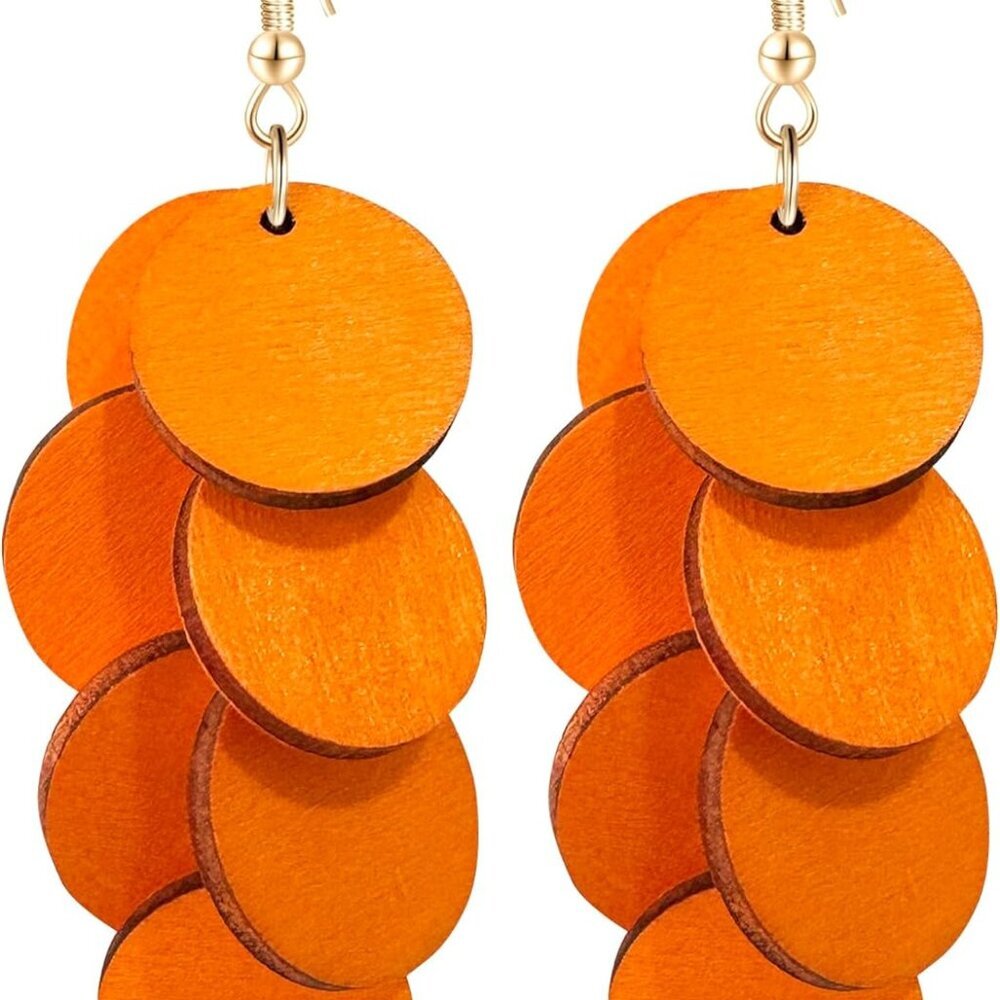 Handmade Bohemian Wooden Round Geometry Dangle Drop Earrings Long Chain Wood Dis